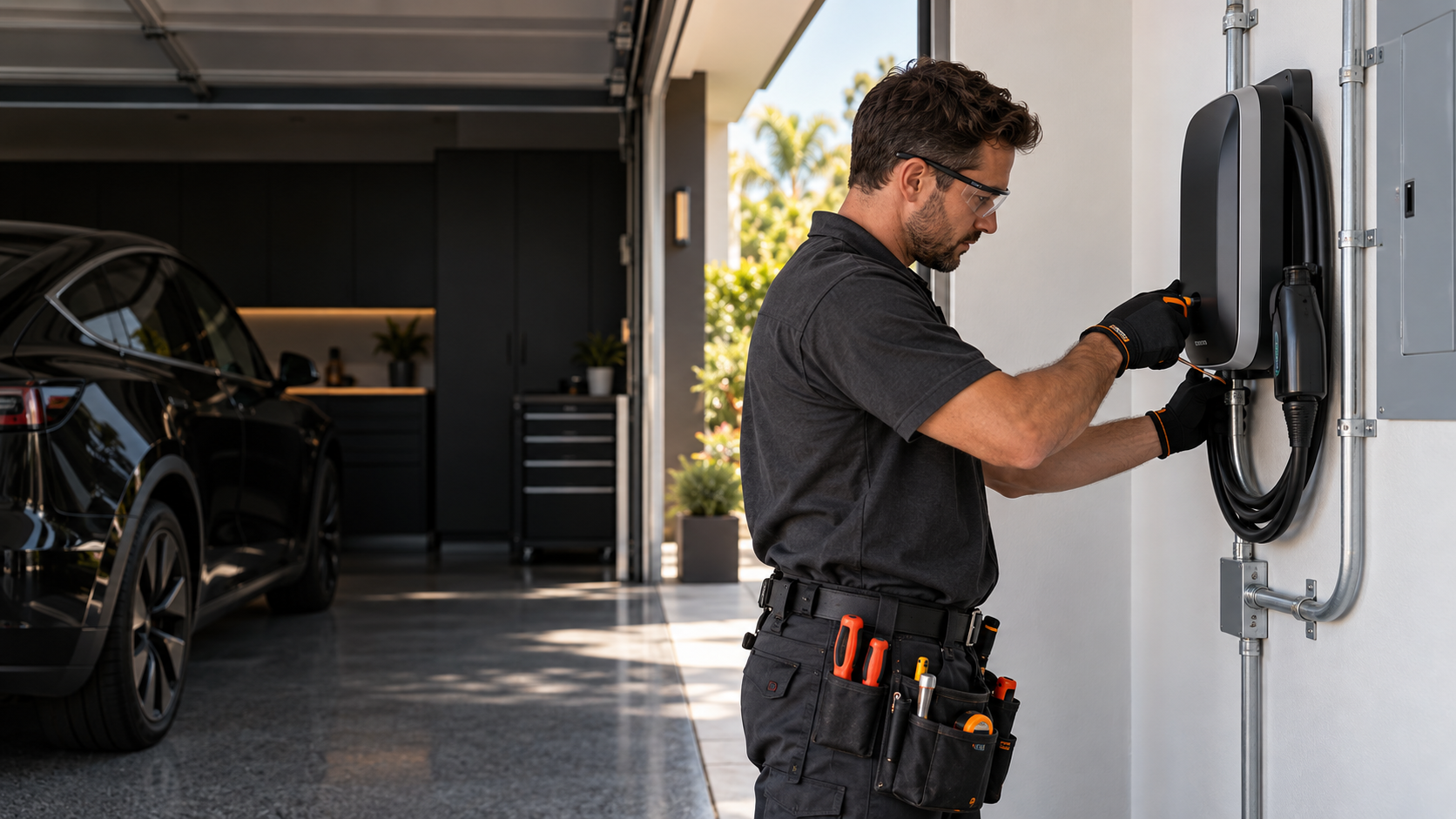 Electrician installing a Level 2 EV charger in a residential garage