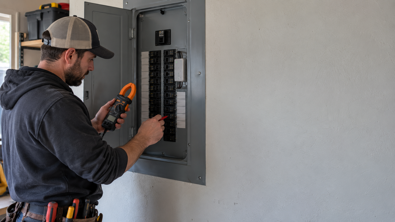 Electrician inspecting a residential electrical panel with smart energy monitoring